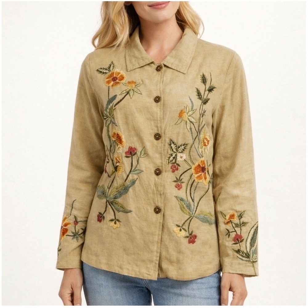 Tapestry Patch Vintage Tan Linen Blend Floral Embroidered Button Front Jacket XL